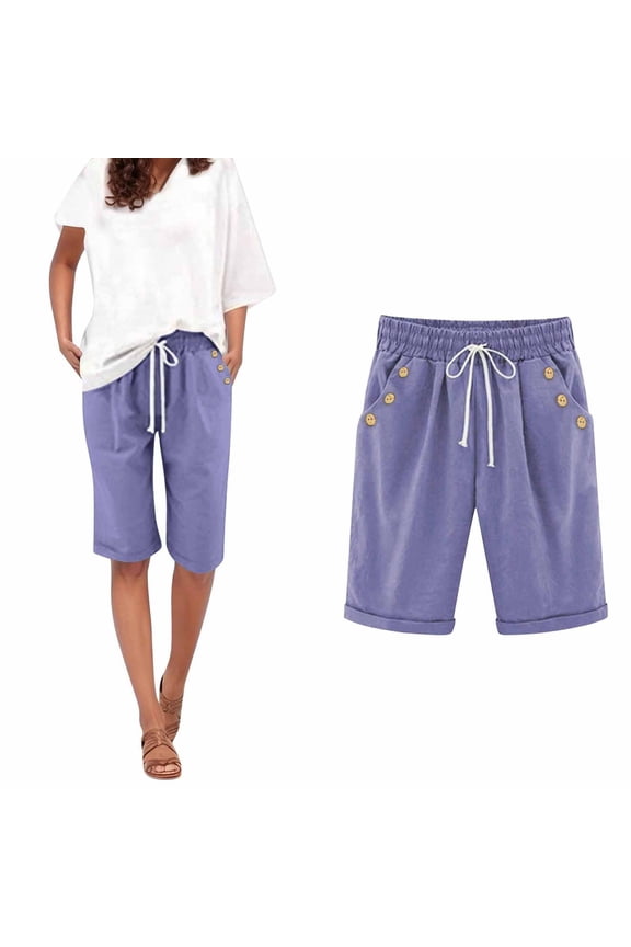 Winter Coats for Women, Women's Summer Casual Knee Length Loose Cotton Linen Bermuda Shorts with Drawstring