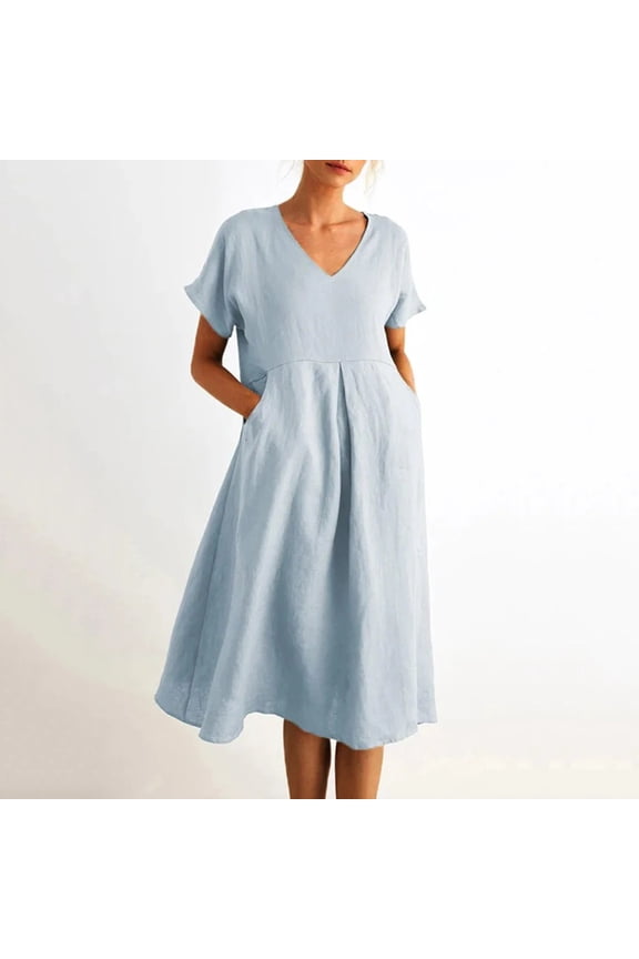 Women's Summer Dress, Casual V-Neck Short Sleeveless Pocket Shift Dress for Everyday Wear in Warm Seasons