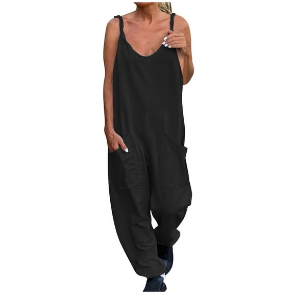 Ahabrexf Jumpsuits for Women Casual Women's Summer Fashion Solid Color Jumpsuit with Pockets and Straps Casual Pants Jumpsuit for Women Casual Summer