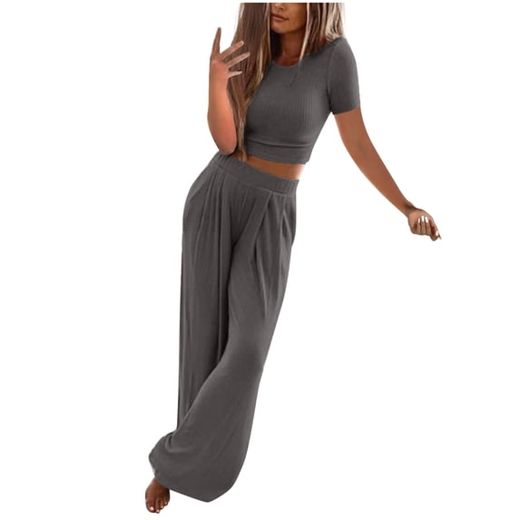 Ahabrexf Women's Summer Short Sleeve Crewneck Tops Long Pants Comfortable Homewear 2-Pc Set