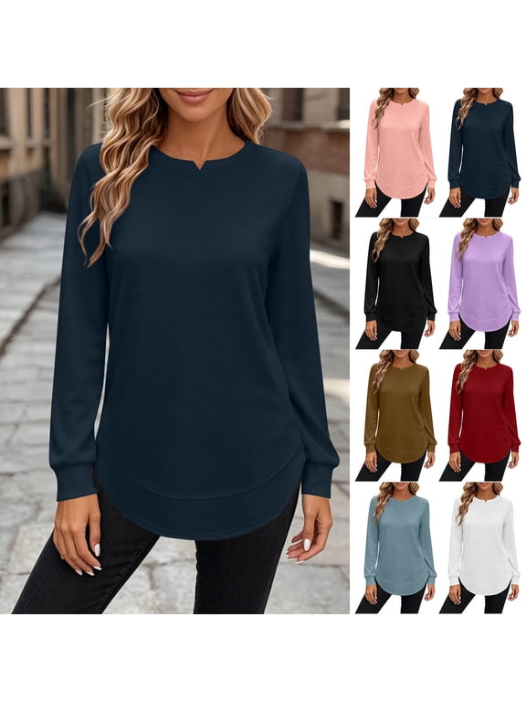 Women's Waffle Knit Tunic Tops Long Sleeve Split V Neck Curved Hem Fall Sweaters Casual Loose Fit Pullover for Everyday Wear
