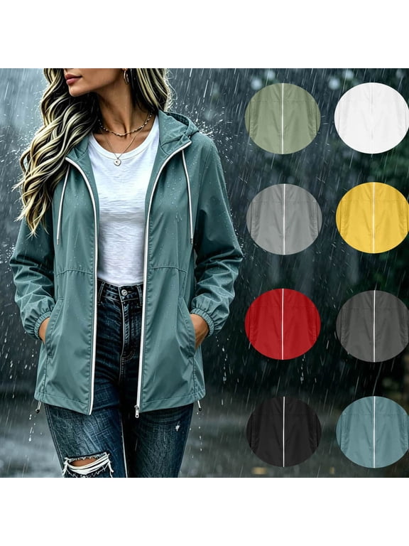 Women's Waterproof Rain Jacket 100% Nylon Hooded Windbreaker with Pockets Long Sleeve Zip Up Raincoat for Outdoor Travel Casual