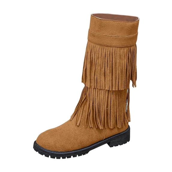 Ahabrexf Women's Western Boots Mid Calf Faux Suede Double Layer Fringe 1.54in Heel Easy on Winter Trouser Boots
