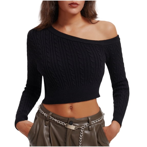 Ahabrexf 1 Shoulder Top, Winter Solid Color Knitted Pullover Sweater with Short Twisted Style