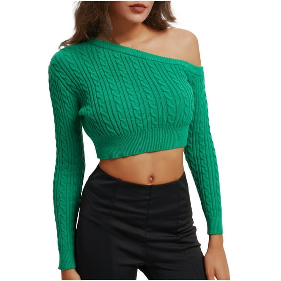 Ahabrexf 1 Shoulder Top, Winter Solid Color Knitted Pullover Sweater with Short Twisted Style