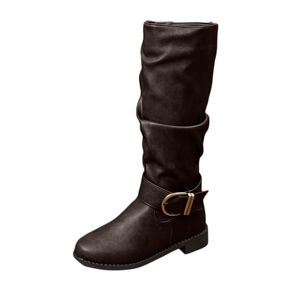 Ahabrexf Women's Winter Knee High Boots - Low Block Heel Slouchy Shaft Faux Leather Round Toe Casual Boots with Buckle Strap for Daily Wear