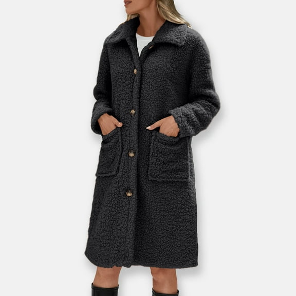 Ahabrexf Long Winter Coats for Women, Solid Color Mid-Length Fleece Coat with Lapel and Button Pocket