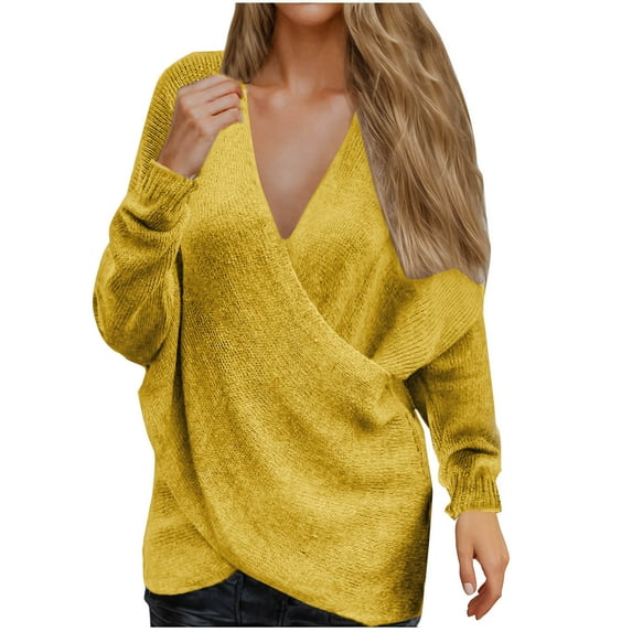 Ahabrexf Womens Long Sweaters, Winter Solid Color V-Neck Loose Knit Pullover with Long Sleeves