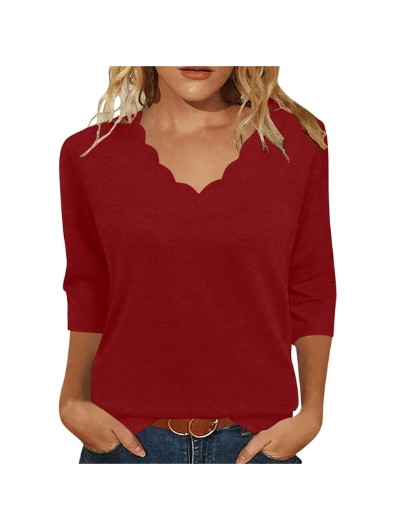 Womens Blouses Casual Relaxed Fit Wave Neck 3-Quarter Sleeve Top for Daily Wear