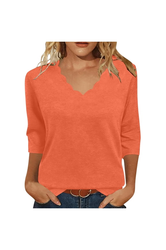 Womens Blouses Casual Relaxed Fit Wave Neck 3-Quarter Sleeve Top for Daily Wear