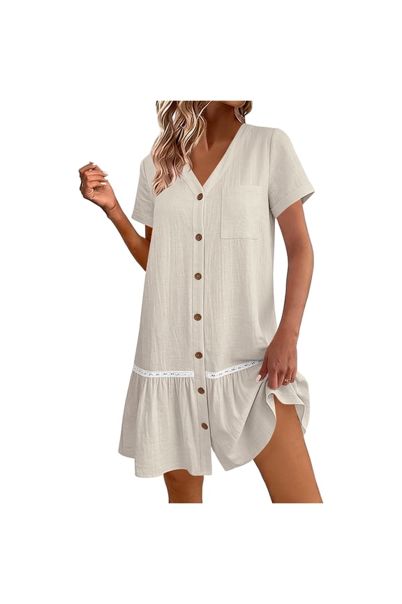 Womens Button Down Mini Dress, V Neck Short Sleeve Lace Border Ruffle Hem Pocket Linen Texture Casual Sundress for Summer Vacation Wear