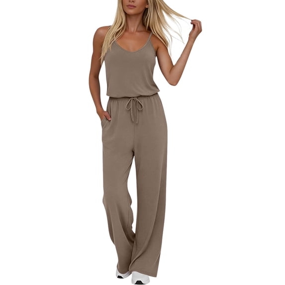 Ahabrexf Womens Casual Loose Sleeveless Spaghetti Strap Wide Leg Pants Jumpsuit Rompers