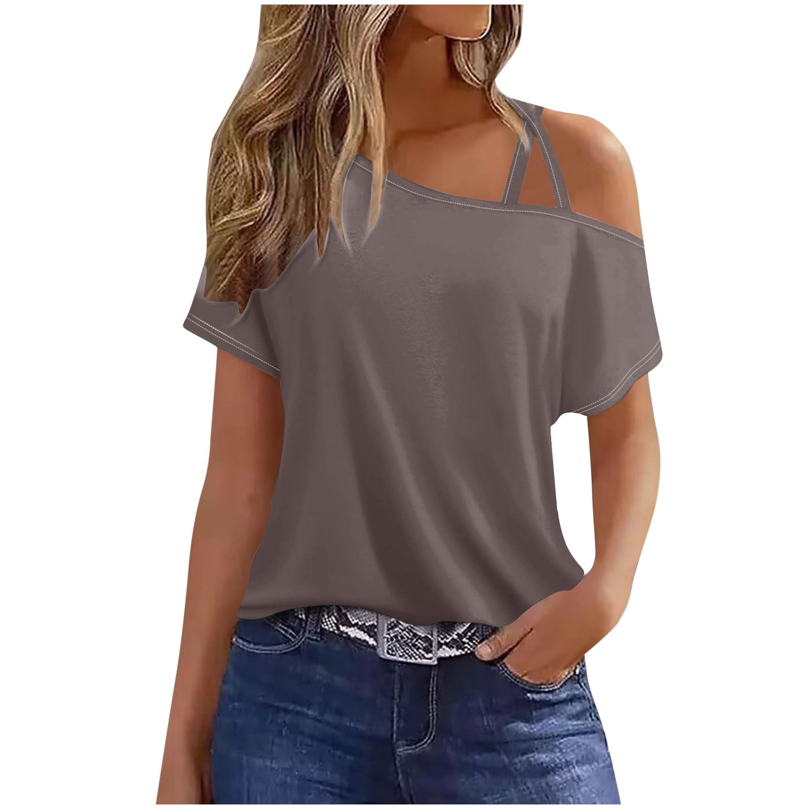 Ahabrexf Womens Casual Off The Shoulder Tops Short Sleeve T Shirts ...