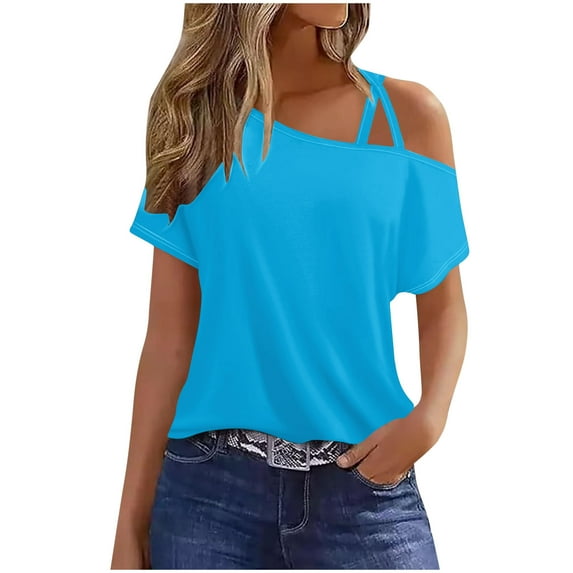 Ahabrexf Womens Casual Off The Shoulder Tops Short Sleeve T Shirts Loose Summer Blouse Shirt Asymmetrical Tunic