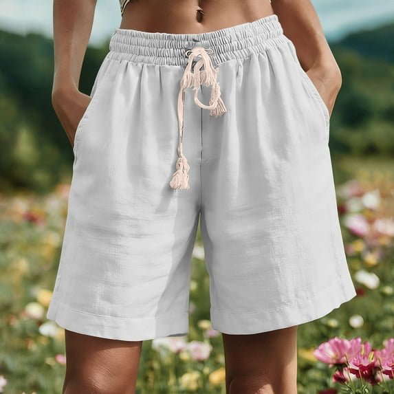 Ahabrexf Womens Casual Shorts, Lightweight Linen-Blend Elastic Waist Pocket Shorts for Warm Weather Comfort
