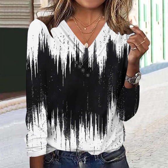 Ahabrexf Pullovers for Women, Fashion Printed V-Neck Long Sleeve Casual Button Top