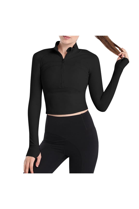 Long Winter Coat, Women's Half Zip Tight Elastic Drying Sports Long Sleeve Standing Collar Top