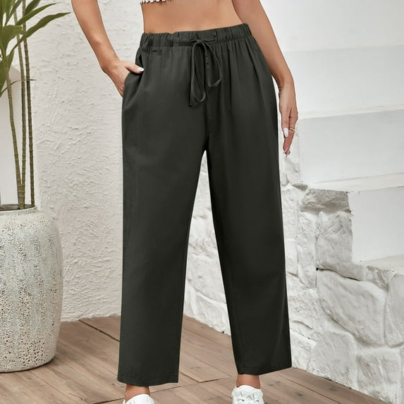 Ahabrexf Comfortable Pants for Women,Drawstring Elastic Linen Casual Cropped Solid Color Trousers