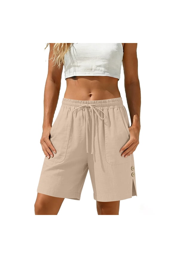 Womens Linen Shorts Solid Color Elastic Waist Side Pockets Wrap Slit for Casual Daily Wear