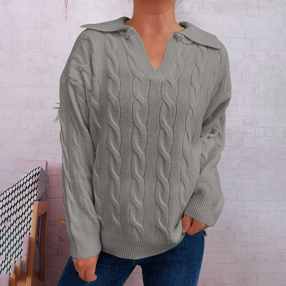 Ahabrexf Women's Long Sleeve V-Neck Knit Pullover for Fashionable Casual Wear