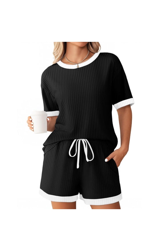 Womens Loungewear Sets 2 Pc Crew Neck Short Sleeve Ribbed Top with Drawstring Shorts Casual Set for Women