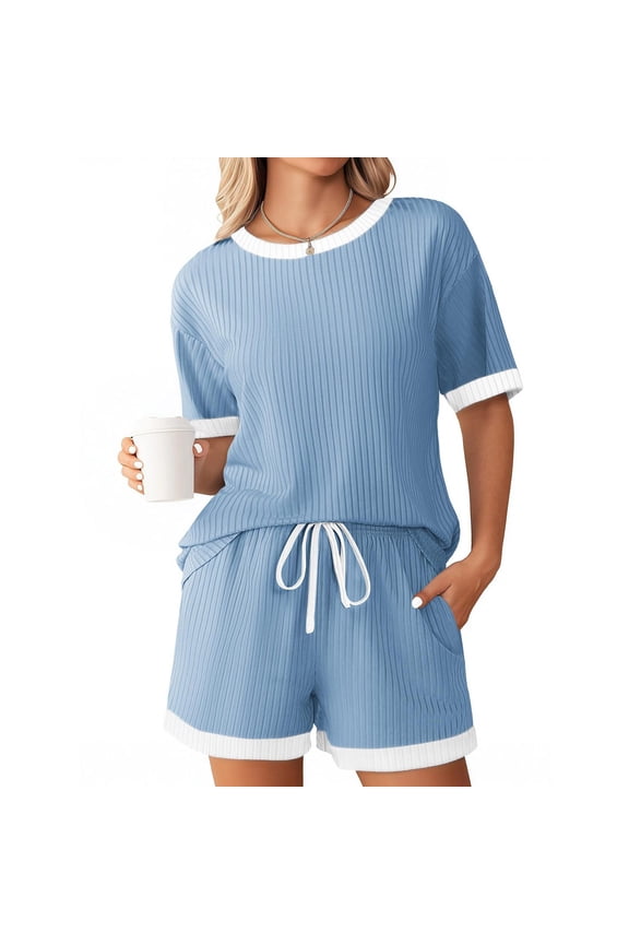 Womens Loungewear Sets 2 Pc Crew Neck Short Sleeve Ribbed Top with Drawstring Shorts Casual Set for Women