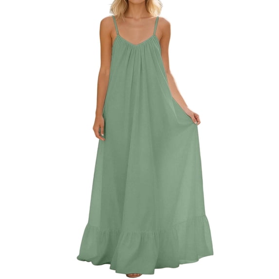 Ahabrexf Womens Maxi Dress for Women V Neck Sleeveless Ruffle Hem Adjustable Backless Casual Dress Polyester Regular Length