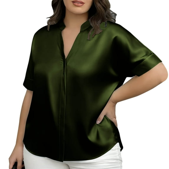 Ahabrexf Womens Plus Size Short Sleeve Tops for Women Solid Color Round Neck Casual Top Polyester Regular Fit 1 Pc