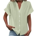 thumbnail image 1 of Ahabrexf Womens Plus Size Tops Cotton Linen V Neck Roll up Sleeve Button Down Blouses Tops, 1 of 6