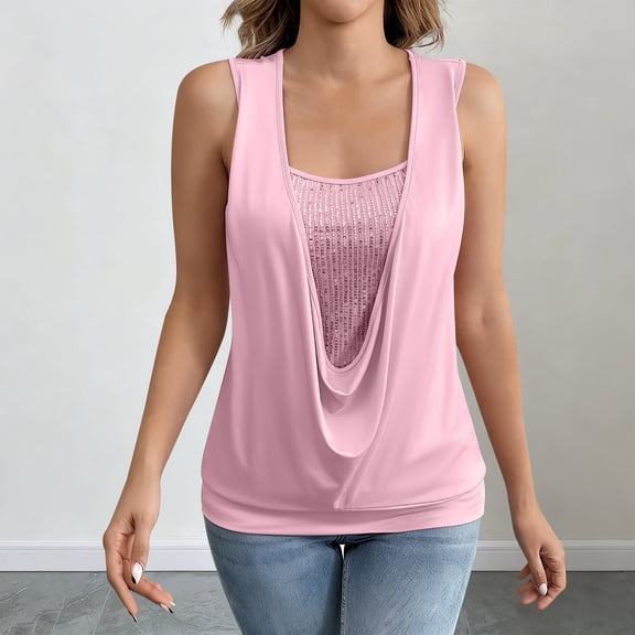 Ahabrexf Womens Sleeveless Tops,Solid Color V-Neck Sequined Milk Silk Patchwork Fashion Blouse