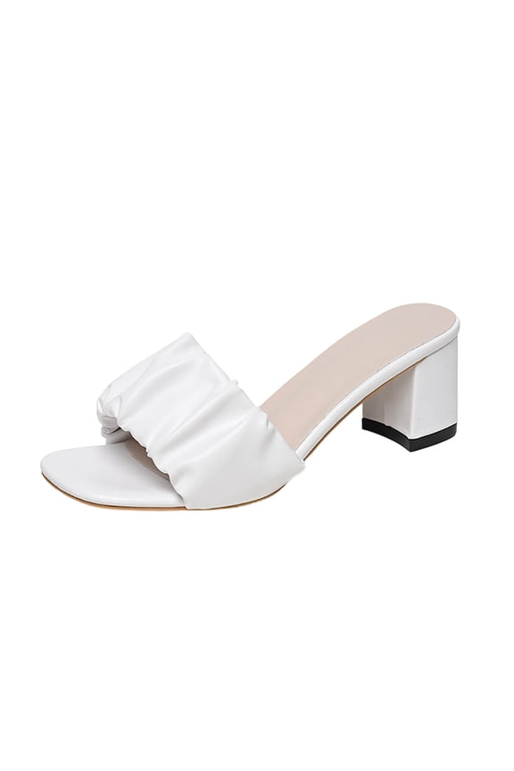 Womens Slide Slippers Heel Ruched Square Toe Soft Faux Leather Large Size Candy Color Casual Mules for Home Outdoor Summer Season