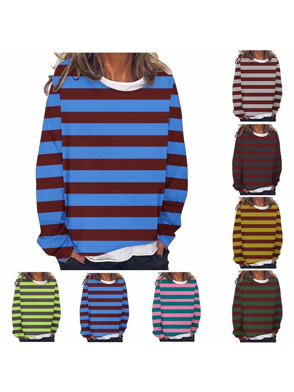 Womens Striped Long Sleeve Top Round Neck Drop Shoulder Loose Fit Blue Brown Stripe 80% Polyester 20% Cotton Soft Breathable for Everyday Casual