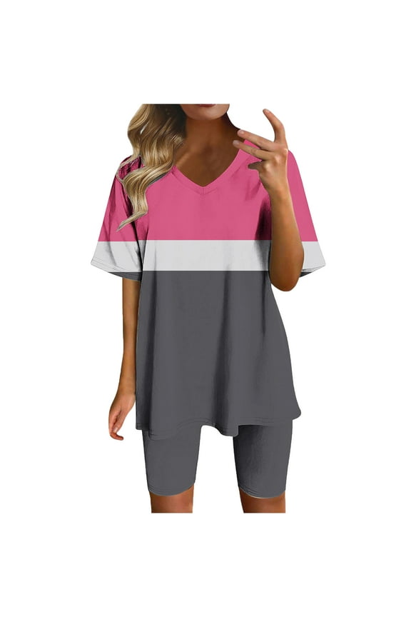 Womens Summer 2 Piece Outfit Sets Color Block Oversized T-Shirt Tops Biker Shorts Casual Workout Sports Tracksuit Set with Pocktes