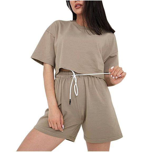 Ahabrexf Womens Summer 2 Piece Outfits Casual Short Sleeve Tops and Drawsting Shorts Set with Pockets