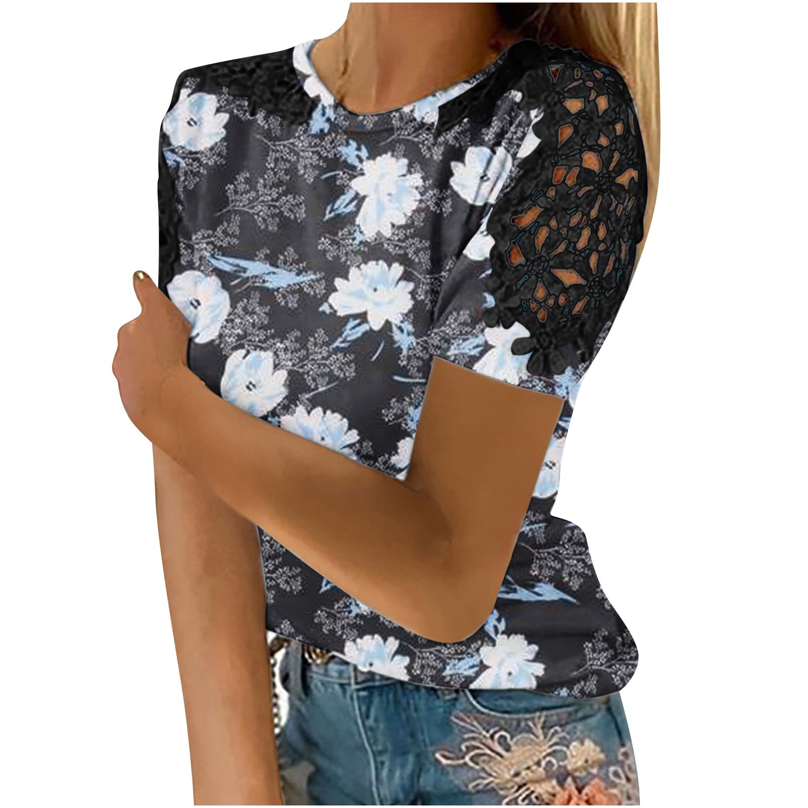Ahabrexf Womens Summer Crochet Lace Short Sleeve Top Fashion Crewneck Floral Loose Blouses