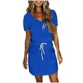thumbnail image 1 of Ahabrexf Womens Summer Dress Short Sleeve V Neck Tie Back Flowy A-Line Double Layer Hem Mini Dress w/ Front Pockets, 1 of 5