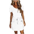 thumbnail image 1 of Ahabrexf Womens Summer Dress Short Sleeve V Neck Tie Back Flowy A-Line Double Layer Hem Mini Dress w/ Front Pockets, 1 of 5