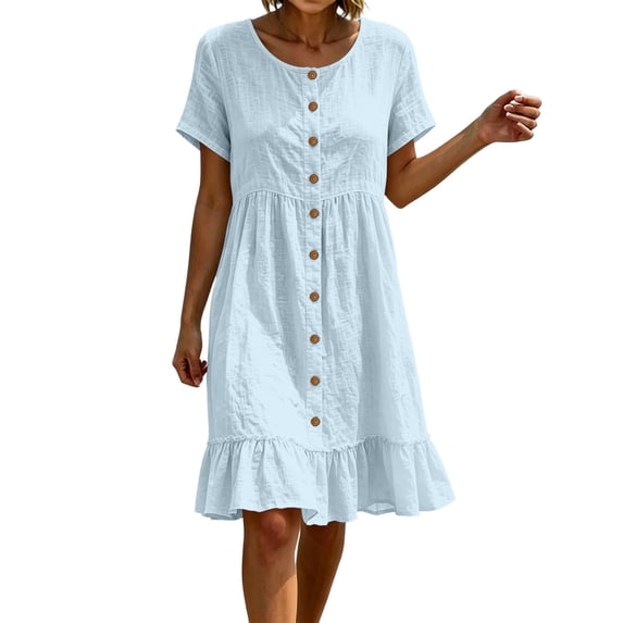 Ahabrexf Womens Summer Ruffled Hem Dresses, Round Neck Short Sleeve Button Front Natural Fiber Linen Sundress for Casual Vacation Wear