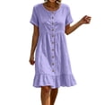 thumbnail image 1 of Ahabrexf Womens Summer Ruffled Hem Dresses, Round Neck Short Sleeve Button Front Natural Fiber Linen Sundress for Casual Vacation Wear, 1 of 9