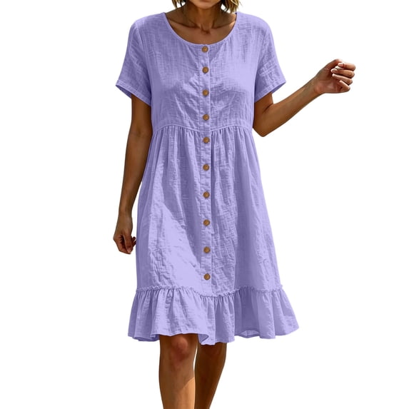 Ahabrexf Womens Summer Ruffled Hem Dresses, Round Neck Short Sleeve Button Front Natural Fiber Linen Sundress for Casual Vacation Wear