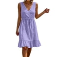 thumbnail image 1 of Ahabrexf Womens Summer Ruffled Hem Dresses, Sleeveless V Neck Drawstring Waist Natural Fiber Linen Sundress for Casual Vacation Wear, 1 of 9