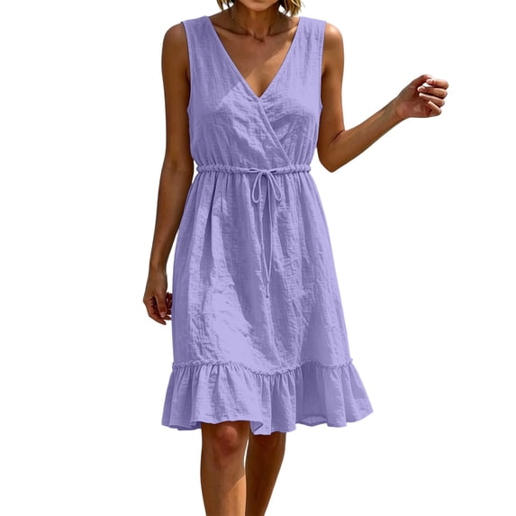 Ahabrexf Womens Summer Ruffled Hem Dresses, Sleeveless V Neck Drawstring Waist Natural Fiber Linen Sundress for Casual Vacation Wear