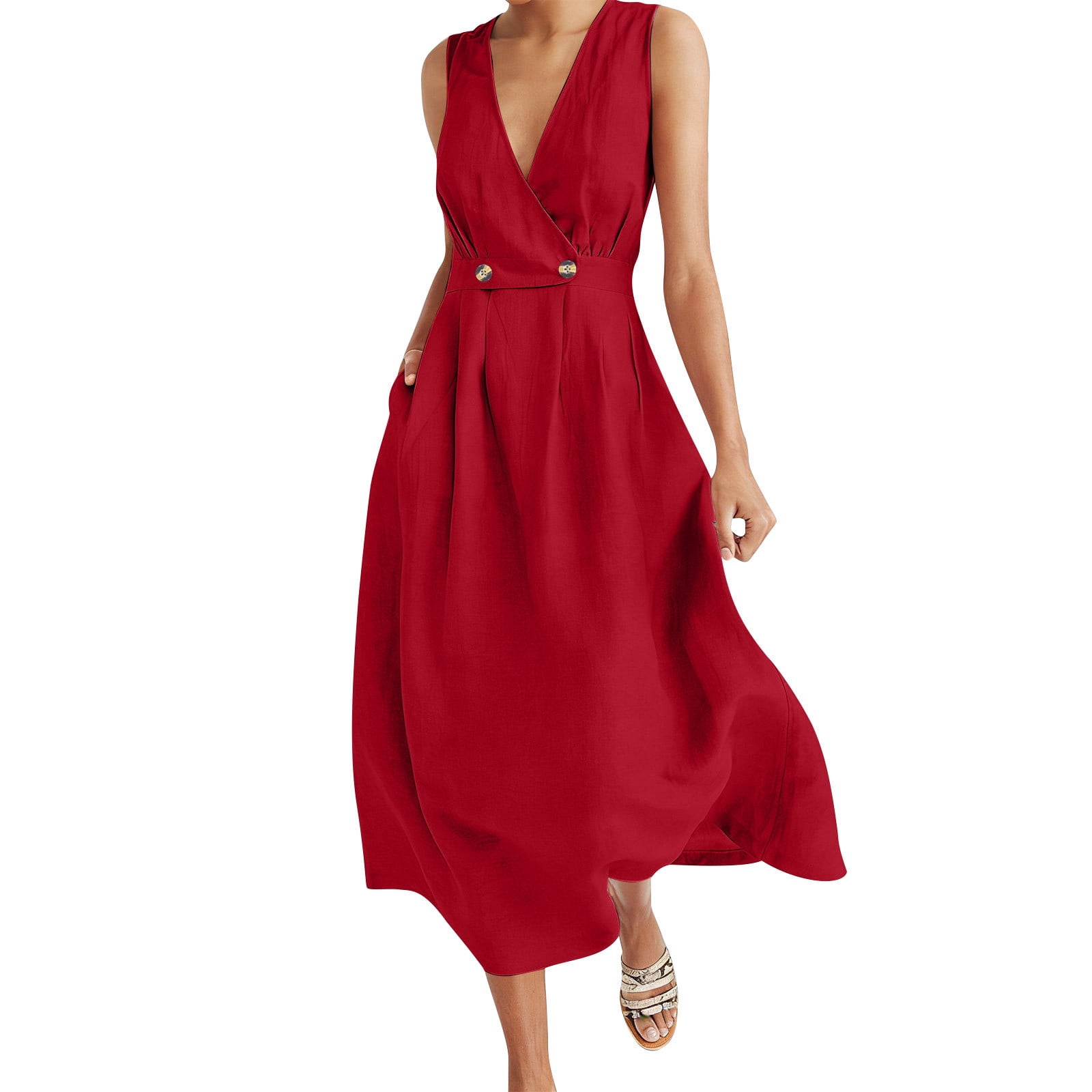 Ahabrexf Womens Sundresses Spaghetti Strap V Neck High Low Slit Dress ...