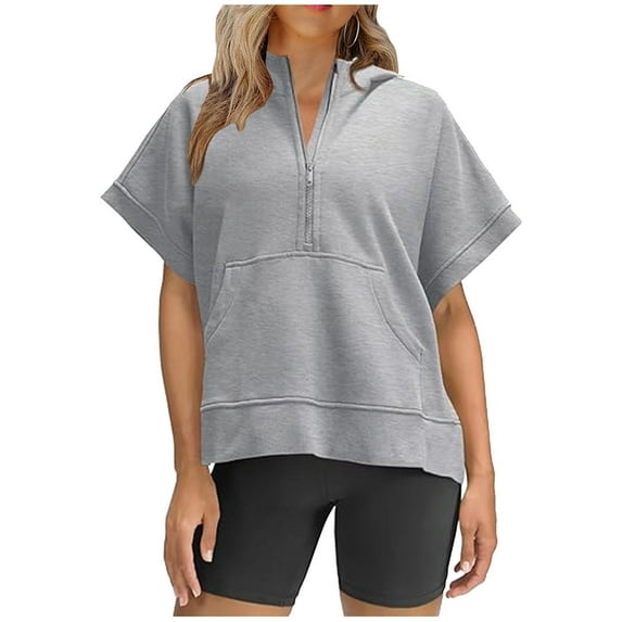 Ahabrexf Womens Tops Oversized Half Zipper Hoodies Short Sleeve Casual Sweatshirts Pullover Tops with Pockets