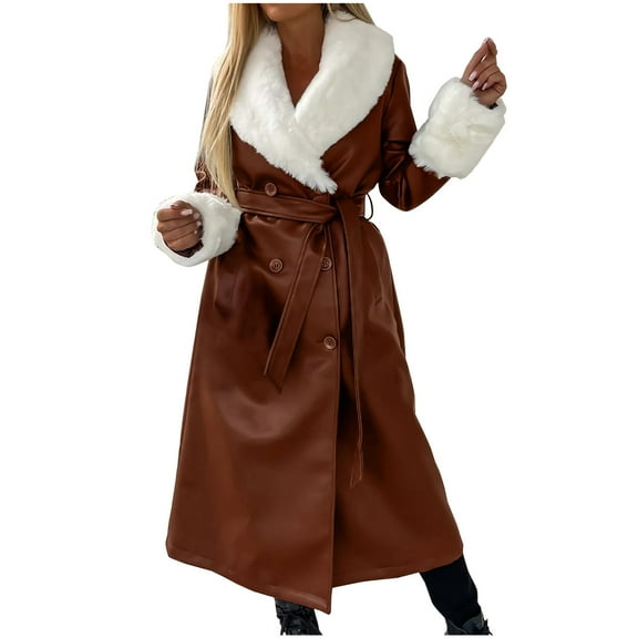 Ahabrexf Pants Suits for Women, Warm Long Sleeve Slim Winter Parka in Faux Leather Material