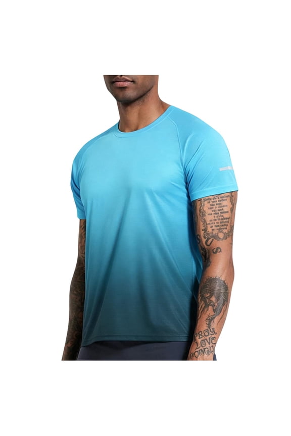 Workout Shirts for Men Gradient Reflective Running Top Moisture Wicking Quick Dry Stretchy Short Sleeve Round Neck