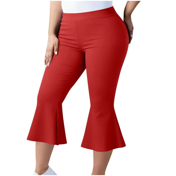 Ahabrexf Yoga Pants for Women Plus Size Capris Solid Color Elastic Waist Flared Hem