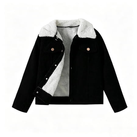 Ahabrexf Youth Corduroy Fleece Lined Jacket, Sherpa Collar Button Front Thickened Coat, Long Sleeve Casual Warm Outerwear for Fall & Winter