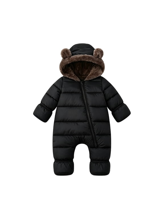 Youth Winter Fleece Jumpsuit, Hooded Bear Ear Romper for Toddler Boys Girls, Warm Full-Zip Snowsuit, 6M-3T