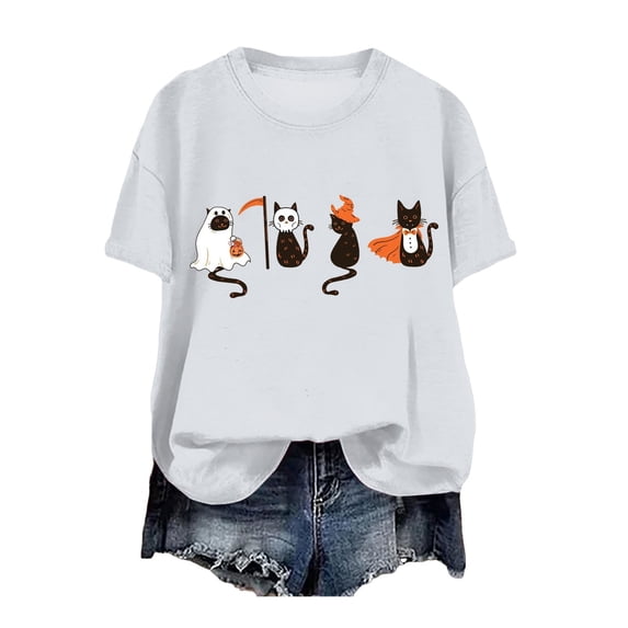 Ahadesign Fall Shirt Ghost Halloween T-Shirt for Women Cute Ghost Cat Graphic Tee Spooky Season Shirt Vintage Short Sleeve Casual Fall Tops (White,XL)